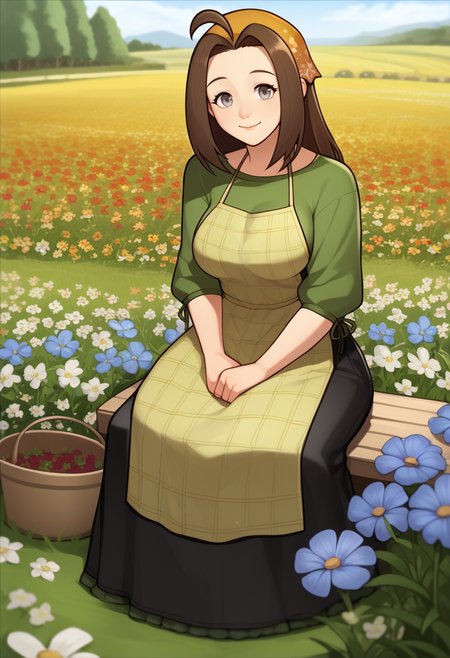 score_9, score_7_up, BREAK, solo, 1girl, smile, looking at viewer, closed mouth,  <lora:asr_pd_glora:1>, <lora:Celia-pdxl_Fp:1>, celiahm, brown hair, grey eyes, ahoge, long hair, bandana, green shirt, apron, skirt, large breasts, outdoors, sitting, field, flower,