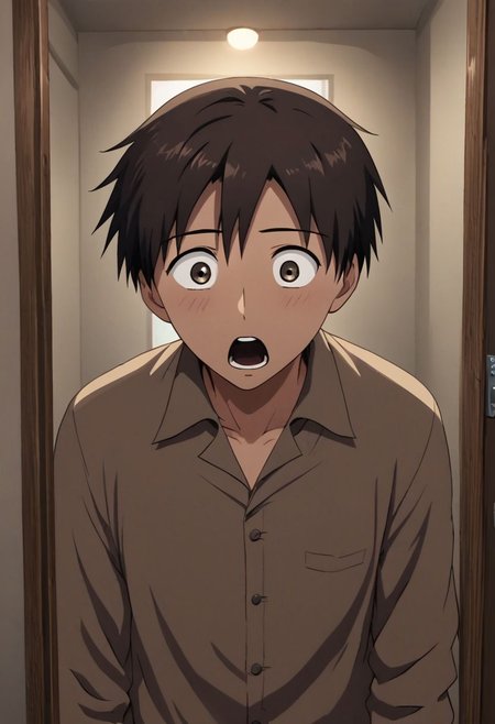 high resolution, solo, best quality, 1Boy, Takaki Toono, Brownish Hair, Brown Eyes, surprised, peeking out, OverallDetail