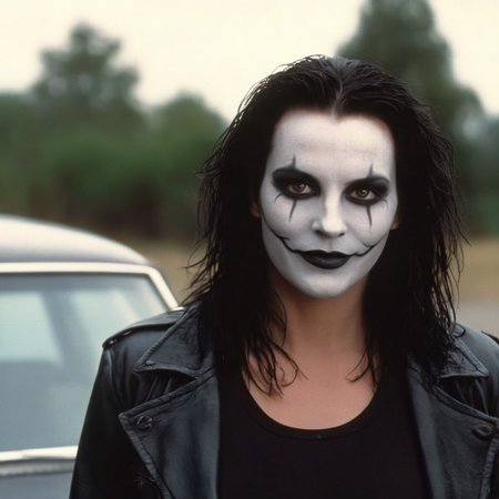 cinematic film still of  <lora:graphic novel style:1.2>
1980's a hot female version of Eric Draven a woman with a smiley face and a creepy smile In graphic novel style, shallow depth of field, vignette, highly detailed, high budget, bokeh, cinemascope, moody, epic, gorgeous, film grain, grainy