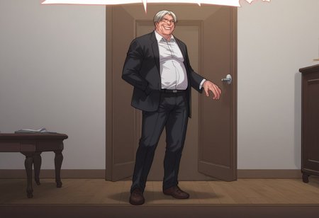 score_9, score_8_up, score_8_up, 1boy (old man, wearing black suit, white collared shirt underneath), man standing in doorway, lit doorway, door slamming open, wooden brown door, full body view, man smirking, man opening door, badass, solo male, close up on mans face, high resolution,
man flanked by two twin Inuyashiki, Yakuza, Inuyashiki wearing tuxedos,
indoor setting, indoors,night,carpet,stage,stripper pole,curtains,table,l
pink theme,pink light,pink neon stage, gothicPXL