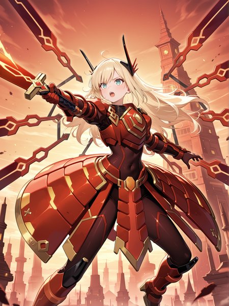 1girl,solo,tower,mecha musume,pointing melee weapon,outdoors,red theme,open mouth,sky striker ace - raye,red power armor,official alternate costume,red huge sword,holding red huge sword,black bodysuit,red headgear,red sword wings,red armored gloves,red breastplate,red mechanical boots,
masterpiece,best quality,amazing quality,very aesthetic,absurdres,newest,<lora:Sky striker ace - Raye illusXL v1:0.75>,