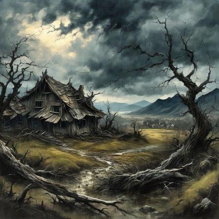artmix05  dark landscape, destroyed village, forest and mountains, old crooked tree in the foreground, stormy sky, very detailed  <lora:artmix05:1>