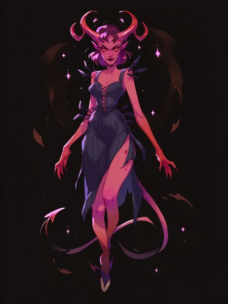 score_9, score_8_up, score_7_up, score_6_up, score_5_up,  <lora:rysiartXLP:1> rysiart, solo, 1girl, demon, horns, black background, full body,