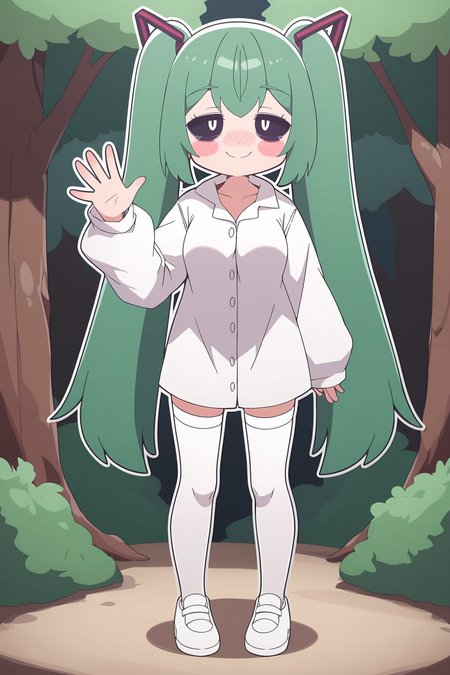 score_9, score_8_up, score_7_up, score_6_up, BREAK, MimukauwaNTPXL, black sclera, white eyes, bags under eyes, green hair, long hair, bangs, twintails, hair onrmanet, blush stickers, medium breasts, white shirt, long shirt, long sleeeves, white thighhighs, white shoes, solo, full body, standing, waving, seductive smile, looking at viewer, naughty face, nose blush, forest, tree <lora:MimukauwaNTPXL:0.8>