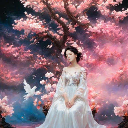 <lora:add-detail-xl:1.0>, 1girl, solo, closed eyes, dress, flower, white dress, sitting, black hair, cherry blossoms, tree <lora:LangV2:0.85>, <lora:RuanV2:0.6>,