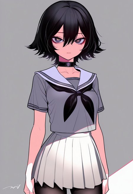 masterpiece, best quality, very aesthetic, high resolution, ultra-detailed, absurdres, newest, extremely detailed eyes, beautiful, perfect lighting, hi res, amazing quality, NEWTRVL_ST, 1girl, solo, breasts, looking at viewer, short hair, bangs, skirt, simple background, shirt, black hair, white background, hair between eyes, closed mouth, school uniform, short sleeves, pantyhose, cowboy shot, pleated skirt, serafuku, choker, signature, sailor collar, collar, neckerchief, black pantyhose, black choker, grey shirt, grey skirt, white sailor collar, arms at sides, black neckerchief