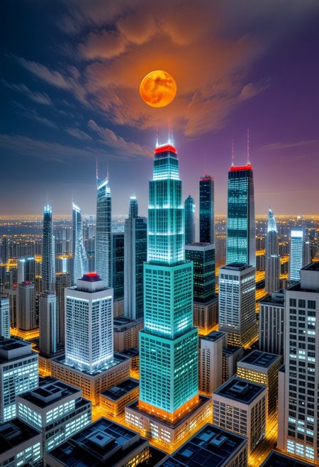 dark-orange cloud lumened by city, bright moon dark gray, purple sky; sky scrapers square and rectangular skyscrapers with white frequent square windows, shades of skyscraper windows: light green, light blue, dark blue, dark turquoise. The roofs of skyscrapers from dark squares to squares are illuminated with a dim blue square border, some of the skyscrapers are topped with red lights in the corners, one skyscraper with a red diode above it warning aircraft and place yourself on picture