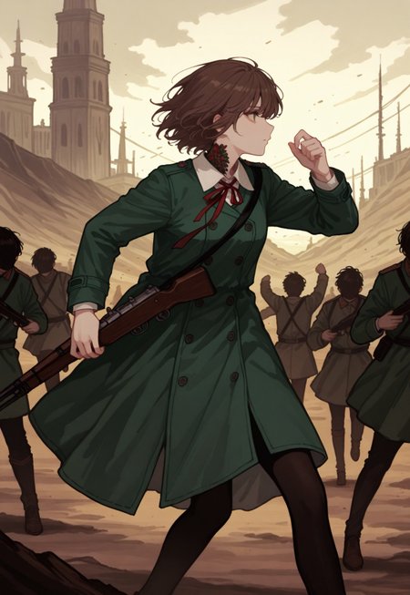 detailed, ethereal, intricate details, vibrant colors, soft lines, soft brush strokes, 
ultra-detailed, high quality, cinematic lighting, somber tone, cinematic image, good composition, cinematic shot, cinematic, mesmerizing, from side, 

melancholic tone, loneliness, 

battlefield background, soldiers, 

running, determined, raised arms, holding_rifle, 

1girl, grey eyes, short brown hair, green greatcoat, white shirt collar, red ribbon on neck, black pantyhose, brown shoes,

(748cm style:1.3),  

(748cmstyle:1.3) 

masterpiece,best quality,amazing quality, detailed, 