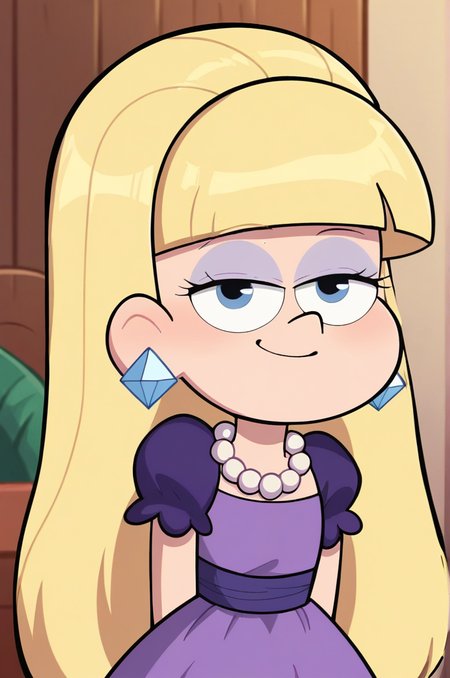 score_9,score_8_up,score_7_up, BREAK,
 <lora:Pacifica_Northwest_-_Gravity_Falls_PonyXL:1> pacifica, long hair, blonde hair, earrings, blunt bangs, bangs,
1girl, cute, chibi, upper body, smug, smile, looking at viewer, purple dress, pearl necklace,