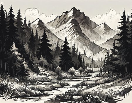 score_9, score_8_up, score_7_up,  <lora:Messy Sketch Style:1>,forest with mountains and rivers, monochrome
