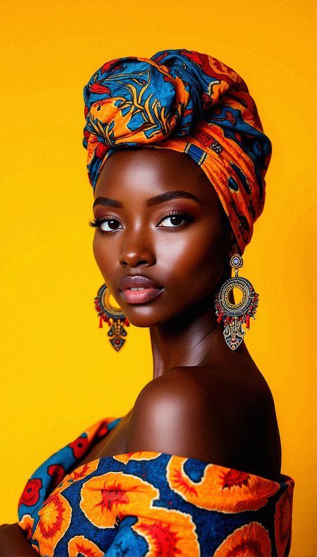 a photorealistic portrait of a African woman, standing in front of a vibrant, sunny yellow backdrop that complements the warmth of her expression. Her attire is a colorful, intricately patterned headwrap that covers her hair, tied in an elaborate and elegant style. The headwrap is adorned with bright colors like orange, blue, red, and yellow, forming geometric patterns that reflect traditional African textile art. She also wears a draped shawl across her shoulders, covered in similar bold, intricate patterns, creating a harmonious blend of colors and textures. Large, statement earrings with African-inspired symbols dangle from her ears, catching the light and adding a touch of elegance. Her skin is smooth and glowing, with natural freckles scattered across her cheeks, enhancing her authentic beauty. The image should emphasize photorealistic detail, capturing the textures of the fabrics, the softness of her skin, and the bright, reflective qualities of the earrings, evoking a sense of pride, joy, and cultural richness.