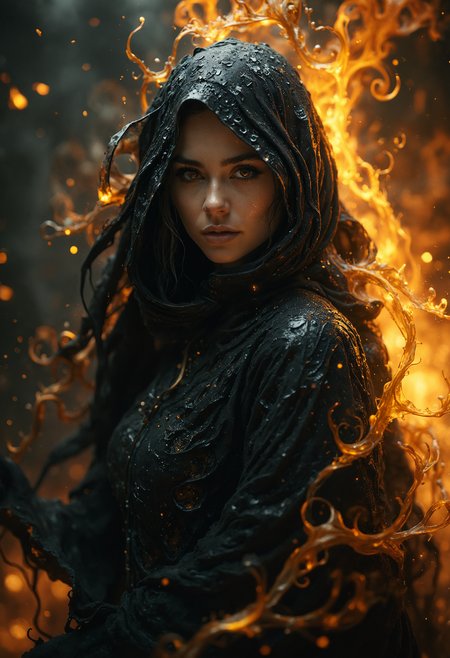 A female figure shrouded in black and gold mist stands surrounded by flames in the darkness. This mysterious being exudes an aura of danger and intrigue, with sharp features and captivating eyes. The cloak billows around her, adding to their mysterious presence. This image could be a stunning painting, rich in detail and vivid colors. Every aspect of the figure is meticulously crafted, from the swirling mist to the fiery backdrop, creating a truly captivating and high-quality piece of artwork.