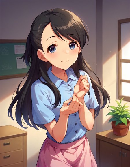 score_9,score_8_up,score_7_up,1girl,solo,cowboy shot,looking at viewer,smile,indoors,
<lora:kuriharanene_ponyXLV6:0.8>,cgknn,black hair,long hair,blue eyes,
blue shirt,pink skirt
