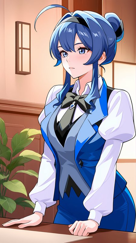 amazing quality,absurdres,best quality,masterpiece,highres,newest,detailed,detailed body,detailed face,masterpiece,best quality,solo,
leidongxue,1girl,blue hair,blue eyes,ahoge,sidelocks,single hair bun,bow,black bowtie,hairband,vest,white collared shirt,long puffy juliet sleeves,
<lora:æ ç½ªä¹åº­é·ä¸éª:0.8>,