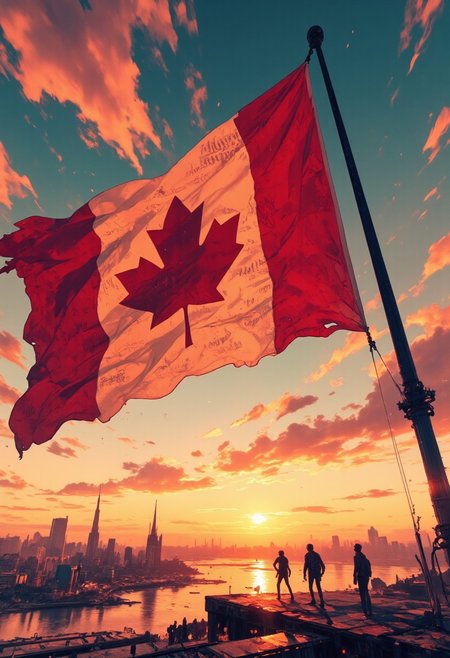 Giant Canadian Flag - Dawn Sentinel
"Mh1$AgThS2
Windsor's massive Canadian flag appears in extreme closeup from below, its enormous red maple leaf tilted dramatically against a dawn sky streaked with impossible color. The flag pole rises majestically, its surface incorporating weather monitoring technology that visualizes wind patterns as flowing ribbons of light. The flag itself maintains perfect display regardless of weather conditions, its surface occasionally revealing historical Canadian moments visible only from certain angles. The fabric ripples hypnotically in the morning breeze, creating waves of crimson that seem to pulse with national pride. The wide-angle backdrop reveals Windsor's riverfront at first light, where early joggers with augmented reality visors see the flag's history projected along their running paths.
The entire composition glows with patriotic energy, the deep reds of the maple leaf illuminated by the first golden rays of sunrise.
Thin border of Canadian historical dates that commemorate national milestones on an epic border background."