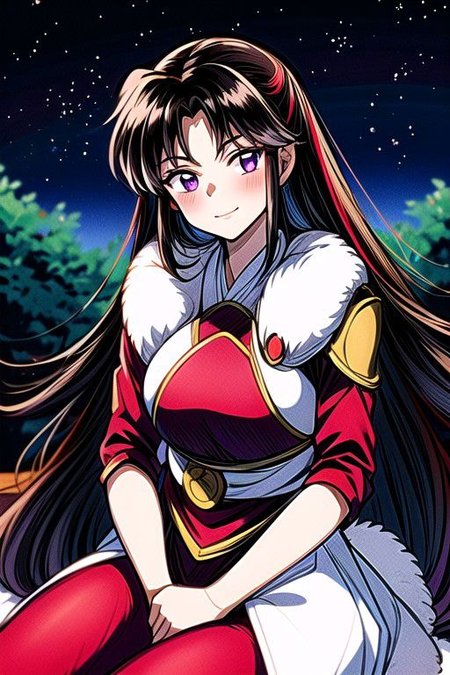 masterpiece,  best quality 1girl Setsun4 solo long hair,  (night time) forest background black hair very long hair purple eyes multicolored hair armor (fur trim) (medium body),<lora:EMS-179-EMS:0.800000>,<lora:EMS-293862-EMS:0.800000> bow, hair_bow, hair_tubes, red_bow, brown_hair, long_hair, bangs, ascot, frilled_bow, yellow_ascot, blush, smile, hair_between_eyes, athletic, armor, miko, ,(((intricate outfit,intricate clothes,embroidered outfit,ornate outfit,embroidered clothes,ornate clothes))), sitting