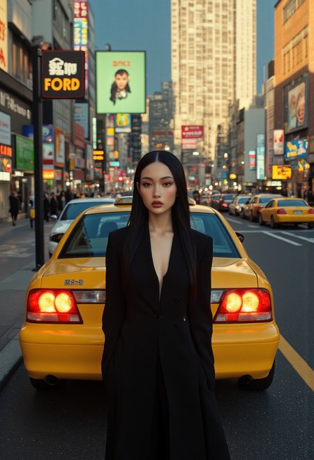 ((aidmaMJ6.1, midjourney_whisper_avant_couture, Hollywood Cinematic Film style, epic photography, dramatic light, Kodak film style)) Hyper-realistic full body photo of a female runway fashion model with pale porcelain skin, wearing a beautiful black calf-length silky Christian Dior dress stands on a sidewalk in Tokyo Japan as a taxi pulls up next to her in the street. She is represented by Ford Models in NYC. Her straight, jet-black hair softly cascades over her cheeks. Standing perpendicular to the street, she looks to her left side at the viewer.  Her ice-blue eyes gaze intensely at the viewer, their pupils slightly constricted, with an unflinching, emotionless stare. The scene is golden hour.  Billboard lights and store signs illuminate the scene. The buildings are modern futuristic concrete and glass super tall skyscrapers.  The scene is warm as though lit by tungsten light bulbs at dusk. The streets are clean. The scene is beautiful. The sky is shades of amber and dark orange with the shadows of early evening.