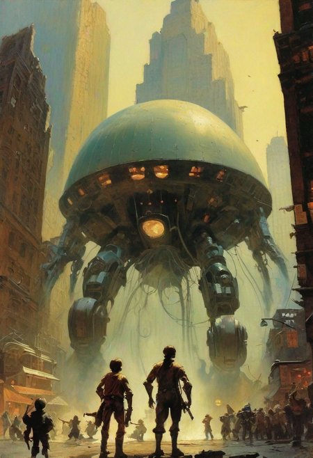 Children looking up at a huge, grotesque robot resembling the shape of a jellyfish in the middle of a big city, holding weapons and attacking the robot, descriptions of agitation from their feet, no adults present, expressions of awe, Frank Frazetta's style, --ar 16:9