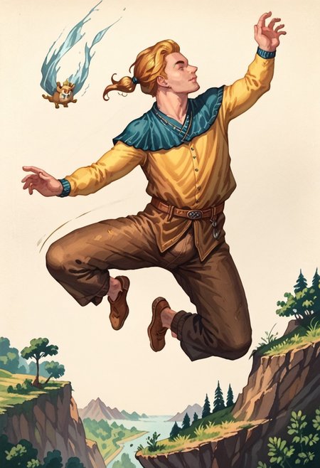 score_8, score_8_up, score_7_up, oblivionarts, 1boy, male focus, solo,  adoring_fan, (((jumping off a cliff))), simple background,