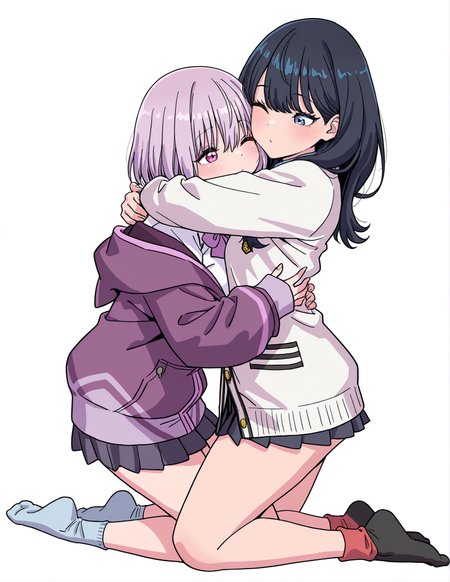 masterpiece,best quality,amazing quality,very aesthetic,absurdres,newest, huge filesize,
<lora:spo_sdxl_10ep_4k-data_lora_webui:0.5>,
<lora:add-detail-xl:1>
Yamashita_shunya_STYLE, multiple girls, 2girls, yuri, skirt, black hair, blue eyes, school uniform, one eye closed, hug, socks, short hair, jacket, white background, long hair, simple background,
takarada rikka,  shinjou akane, 
<lora:Yamashita_shunya_STYLE:0.8>  
Yamashita_shunya_STYLE,