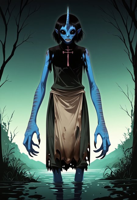 ((Alien humanoid)),
((Alien species)), solo, androgynous, aquatic features 
blue skin, ((webbed hands)):1.4,
((No nose)):1.3, ((nostrils only, nostril slits, vertical nasal slits, narrow nostrils)):1.5, ((narrow eyes)), ((black sclera, black irises)), smooth skin,  pointy ears, small ears, tiny ears, holes in skin, forehead horn, short horn, veiny horn, ((single horn)):1.0, ((4 fingers)), fingernails, thin lips, ((black hair)), ((short hair, spiky hair)), sharp teeth, digitigrade legs, bent legs,
full body shot
ragged clothes, muddy clothes, loincloth, tunic, dirty
Medieval style, fantasy style,
((Variety)):1.2
((dutch angle, 3/4 view))
river background
fully clothed, loose clothing, clean lines, smooth colors, detailed fingers, sfw, source: realistic, rating: pg, score: 8 up, score: 9