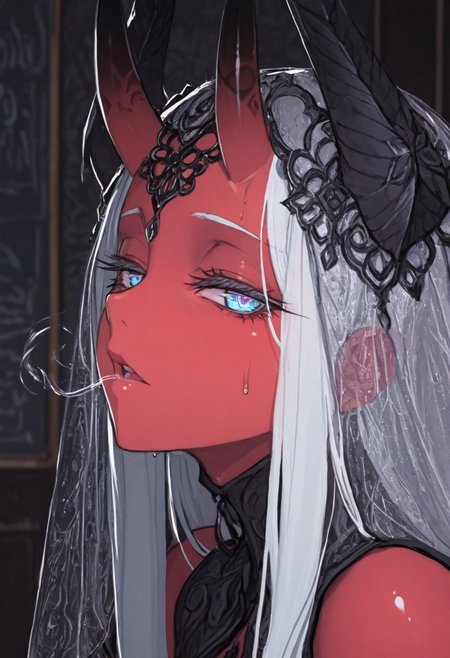 masterpiece, best quality, amazing quality, 1girl, hair ornament, 
 8K, illustrating, CG, detailed-eyes, detailed background, cute girl, eyelashes, lowlight
BREAK
sexy, slutty, hot, aroused, 
BREAK
detailed background, eyelashes, erotic, looking seductive, coy. dynamic action image, detailed face, detailed eyes, direct mesmerizing gaze, 
BREAK
(EyesHD:1.2), (4k,8k,Ultra HD), masterpiece, best quality, ultra-detailed, very aesthetic, sharp focus, depth of field, ray tracing, best lighting, detailed illustration, detailed background, cinematic, beautiful face, beautiful eyes,
BREAK
Aka-Oni, oni, colored skin, red skin, smooth horns, black horns, 
BREAK
Eric Madigan Heck animals style, Kay Nielsen Style page,
Anime art, portrait, 
silk veil, full face veil, 
mist,  woman hissing, swirling particles, epic eyes, half closed eyes,