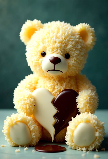 Photorealistic image of a teddy bear made from grated mozzarella cheese, holding a broken heart made from half white chocolate half dark chocolate, the cheese melted  with its sad closed eyes gazing downward . The background is a muted, dark teal, contrasting the light color of the bear as it slowly falls apart, creamy texture, soft cream texture

cinematic lighting, extremely intricate detail character, accurate depiction of character, correct body anatomy, correct hands and fingers, extremely intricate skin and facial texture detail, design,lifelike potrayal, extrememly realistic lighting, extreme dynamic pose, sfw, fully clothes, sharp background detail, 










