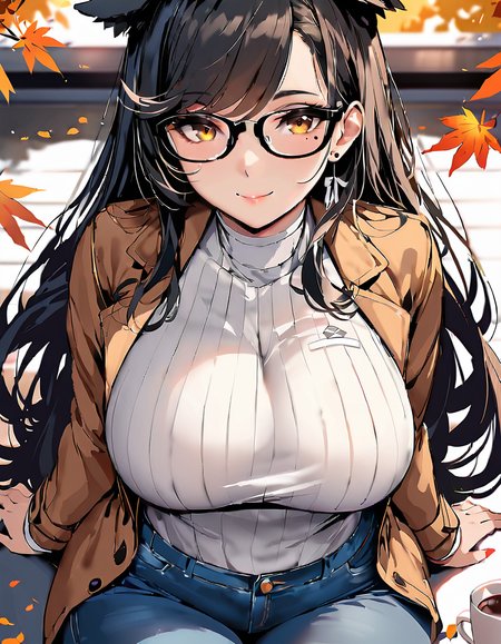 (masterpiece), (best quality), (ultra-detailed), 1girl, solo, sitting, cafe, coffee, table, straight-on, looking_at_viewer, upper_body, atago \(azur lane\), dog_ears, black_hair, extra_ears, yellow_eyes, (mature female:1.2), tall female, large breasts, curvy, collarbone, beautiful face, highly detailed faces and eyes, shiny skin, shiny, long_hair, ribbon, skindentation, smile, swept_bangs, white_ribbon, brown eyes, mole_under_eye, very long hair, earrings, jeans, turtleneck sweater, brown jacket, open jacket, glasses, happy, outdoors, day, autumn, autumn leaves, masterpiece, best quality, very aesthetic, absurdres, score_9, score_8_up, score_7_up, score_6_up, by marushin, illustration, disheveled hair, detailed eyes, perfect composition, moist skin, intricate details, earrings, by wlop, 1girl, solo, sitting, cafe, coffee, table, straight-on, looking_at_viewer, upper_body, atago \(azur lane\), dog_ears, black_hair, extra_ears, yellow_eyes, (mature female:1.2), tall female, large breasts, curvy, collarbone, beautiful face, highly detailed faces and eyes, shiny skin, shiny, long_hair, ribbon, skindentation, smile, swept_bangs, white_ribbon, brown eyes, mole_under_eye, very long hair, earrings, jeans, turtleneck sweater, brown jacket, open jacket, glasses, happy, outdoors, day, autumn, autumn leaves, masterpiece, best quality, very aesthetic, absurdres, score_9, score_8_up, score_7_up, score_6_up, by marushin, ambient light, flowing, bright colors, cinematic, professional, extremely inspirational, fine detail, full color, cute, amazing, cool, pretty, attractive, delicate background, sharp