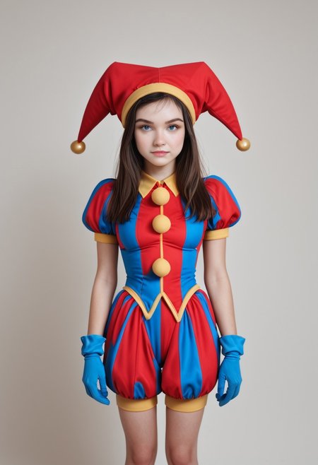 <lora:Coll-PomniXL_1672540:1> 1girl, blue eyes, blue gloves, coll-pomni, gloves, hat, jester cap, long hair, looking at viewer, puffy short sleeves, puffy sleeves, solo