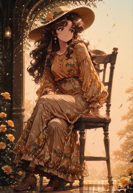 1girl, full body portrait from side, sitting elegantly on chair, crossed legs, long brown dress, simple dress, orange-yellow dress, brown eyes with golden reflections, brown hair with golden reflections, golden reflections, light smile with closed mouth, big yellow hat, long hair, looking at viewer, solo, yellow flower on ground, masterpiece, pinkretroanime, retro art, retro artstyle, outdoor garden with yellow flowers, blurred background, ((floral patterns)), relaxed atmosphere, sunset with golden warm lights, sidelocks, looking to her side, petals, roses, leaves, sunlight, arm support, lower legs, dreamy garden, Rembrandt lighting,