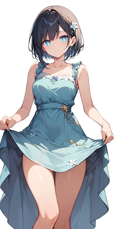 score_9, score_8_up, score_7_up,source_anime, high res image,masterpiece,best quality,cute face,clear skin,shiny hair,ultra detailed eyes,simple background,  <lora:clothes lift_pony_V1.0:1> clothes lift,dress