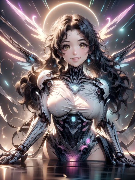 (masterpiece:1.4), high quality, high definition, sharp focus, detailed clothes, detailed body, detailed face, anime, best quality, 4k, 8k, absurd resolution, intricate detail, detailed hands, detailed eyes, animation, illustration, highly detailed, highres, extremely detailed, <lora:ETO_OCC002:0.4> ETO_OCC, black hair, (curly hair:1.5), long hair, thick eyebrows, <lora:hyperdenoiser_v090:0.6>, (looking at viewer:1.6), (plump:1.3), (hazel eyes:1.6), (parted bangs:1.8), (smiling:1.4), <lora:ETO_OC:0.4> ETO-OC, <lora:perfetfingers:1>, OverallDetail, Lying on a bed with one leg propped up, reading a letter or book., sideways, 1girl, large breasts, skindentation, ah1, <lora:hyperrefiner_v090:0.6>, <lora:add_detail:0.6>, <lora:battle angel:0.7>, weapon, (battle angel:1.4), (mechanical wings:1.4), android, (mecha girl:1.4), cyborg, (round face:1.2), apple cheeks, <lora:taremeEyes_v10:1>, <lora:neon-rgb-style-darquelilly-v3:1> neonrgbstyle, reflection, gem, crystal, neon lights, glowing joints, gemstone, rainbow, bubbles, (RGB effect:1.3), (reflect:1.3), light, neon glow, multicolored, colorful, (round chin:1.3), scifi, (glowing eyes),  <lora:UltraBlackholeTech-20:0.8> ulblackholetech, excessive energy, plasma, flying,