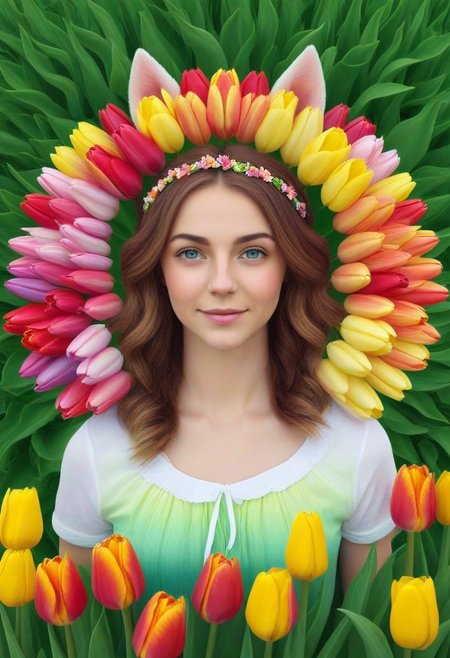 (umamusume, rhein_kraft_(umamusume), horse_ears, horse_girl, tail, 1girl, ahoge, animal_ears,)
casual, field, flower, flower_field, green_eyes, hair_between_eyes, hair_ornament, 
head_wreath, looking_at_viewer,  solo, aesthetic, absurdres, symmetric ,spiralling vortex made of multicoloured tulips, lush foliage sunrise,  ripples, reflective, jaynl-tm, rainbow, , g0ldsw0rthy,
(realistic, photo,  artistic, medium_hair, one_eye_closed, petals, relaxing, smile,  : 0.7)