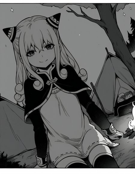 score_9, score_8_up, score_7_up, source_anime, <lora:ashe-talton-manga-ponyxl-lora-nochekaiser:1>, rengoku ashe, long hair, greyscale, monochrome,, thighhighs, long sleeves, capelet, cape, dress, white dress,, camping, bonfire, tent, stargazing, marshmallows, forest clearing, night, smile, looking at viewer, solo,, cowboy shot, dutch angle