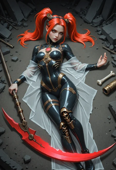 A steampunk fantasy artwork showing a skeletal rogue creating a scene of eerie beauty combined with whimsical mystique.  She is holding a bone-carved plasma-scythe in a determined stance. The advanced scythe's chalky crescent blade has a serrated edge like a saw.  Her slender body is cloaked in a gothic tech-suit with an alabaster design, featuring a piece of transparent cloth attached to the side of her hip, as well as jagged tusks worked into the design, emphasizing her savage appearance. Tattered strips of cloth are wrapped around her slim figure like ancient scrolls. The fabric's woven texture appears to shift in reaction to the surrounding lighting.  She has glowing red hair styled in cyberpunk twintails.  Taking place within the overgrown corridors hidden within chiseled bone tech-ruins of an unknown world. Flickering screens displaying corrupt ochre data are lying on the ground among the wires and rubble.  The artwork's style is dreamlike, magical as well as epic. The color palette is characterized by white and gold hues.