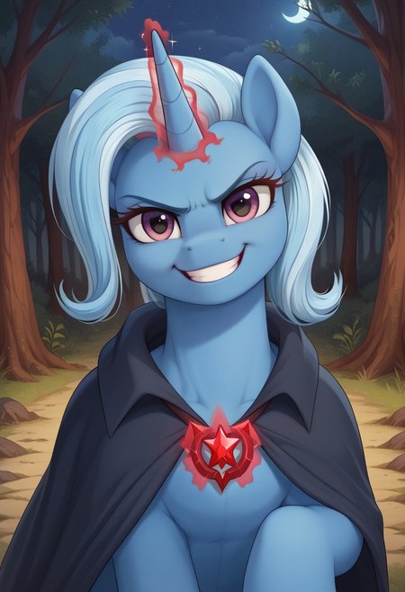 score_9, score_8_up, score_7_up, score_6_up, score_5_up, score_4_up, pony, feral pony, ((anatomically correct)), g4, Trixie, black cloak, red magic, angry, smile, night, forest, alicorn amulet, look at you, look at viewer, looking at viewer, look at you, beautiful, detailed, (detailed cute pony face), detailed fur, beautiful, vector, flat colors, (beautiful long eyelashes), detailed background, beautiful background, Expressiveh, easynegative, shadows, shadow, realistic shadows