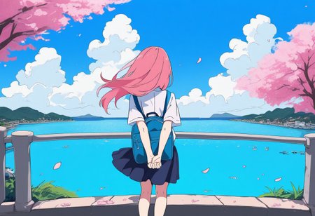 great quality,1girl,solo,ENStyle,,(almic,akakura,ogipote,dikko:0.9), (sincos:0.8),,scenery,two tone color,pink and (blue:0.8) theme,school white shirt,pink hair,hands behind back,head tilt,from behind,back,facing away,wind,pink petals,blue bags,blue Butterfly,cartoon Style,flat color,white cloud