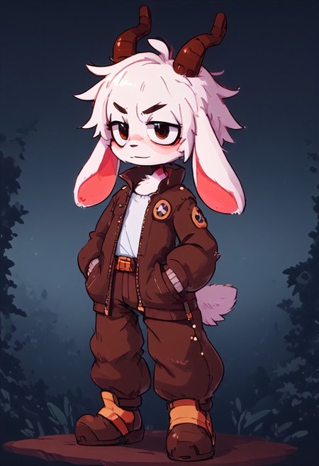 (roblox style:1.4), score 8.5up, score 7.5up, voxels:1.3, 1 boy, anthro, tall hedgehog boy, white fur, small goat horns in form of a cone, fluffy thick spines, medium taped spines on head, full body shot standing action pose, big googles on head, white top, white sleeves,  brown leather pilot jacket, darkbrown leather heavy duty pants, several heavy belts with studded leather pockets on it, blacksmith engineer style accessories, brown leather long thick gloves with white fur, enviroment as industrial rusty metal and copper pipes, enviroment as stone large tiled road in jungle crimson flowers and vines background, time and weather is dawn after rain,