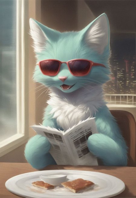 a cat, solo, sitting in a chair in front of a table on a sunny summer morning, wearing large red-framed sunglasses and is reading a newspaper with an expression of complete seriousness, on the table in addition to the newspaper there is a half-empty cup of milk and a plate with fish crumbs, in the background through a window you can see an urban landscape with buildings high and birds flying, a fly fluttering around the fish crumbs, high quality, masterpiece