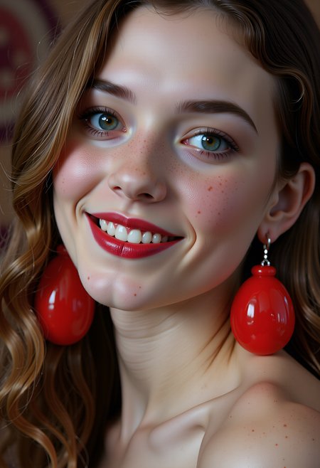 Beauty shot,   A breathtaking closeup portrait of a sexy owkx woman.  A eautiful detailed erotic face with big erotic eyes and a cute snub nose. She perky grinning at the viewer.  Lipstick, eye shadow, big kinky red plastic earrings., , , , ,