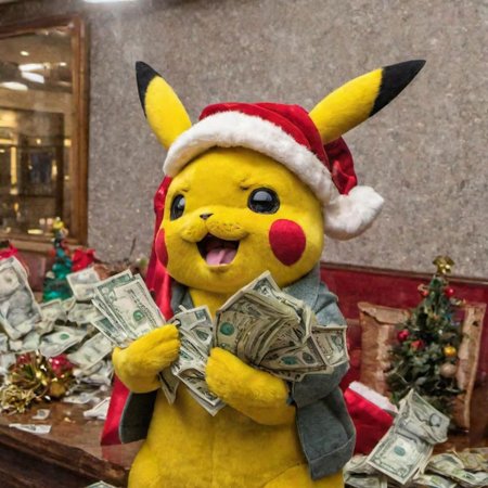 shot of a real pikachu with ((badass face)) in a bank with a ((((yellow)))) suite, smuggling (((mistletoe))) in one hand and a wad of banknotes in the other hand, ((Christmas)) decorations in the bank