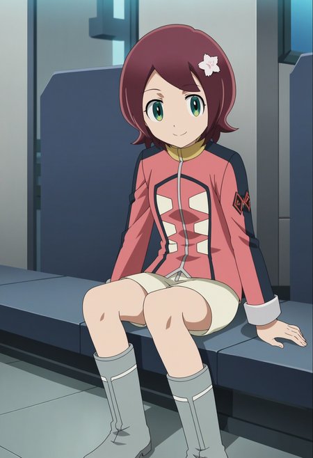 score_9, score_8_up, score_7_up, score_6_up, score_5_up, score_4_up , anime coloring ,BREAK source_anime, anime,screencap,
1girl, solo, sakuras, hair ornament, jacket, shorts, grey footwear, <lora:PonyXL Sakura Sango V1:1>
indoors, 
smile, looking at viewer,