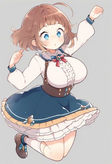 score_9, score_8_up, score_7_up,
masterpiece, best quality, detailed, amazing quality,
simple background, 
dynamic pose,
detailed face, detailed eyes, clean eyes,
solo, 1girl, woman, blue eyes, short hair, brown hair, messy hair, curvy, wide hips, big breasts, chubby, 
cute dress, frilly, bow,
easynegative