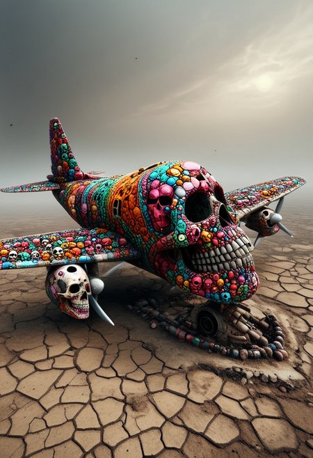 plane made of colorful skulls, set in a ravaged battlefield, with scorched earth, broken weapons, and the echoes of past skirmishes haunting the landscape, ,Masterpiece,best quality, photo, realistic, very aesthetic, detailed face,