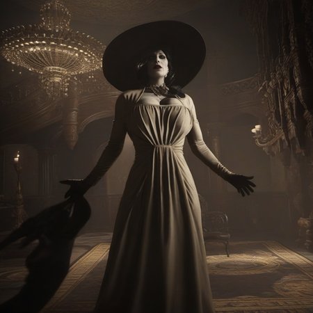 Horror-themed a woman with a dress and a hat, large breast <lora:LadyDimitrescu1024:0.8> . Eerie, unsettling, dark, spooky, suspenseful, grim, highly detailed