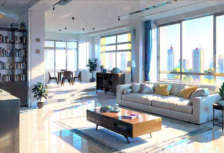 ((front view)), (Close-Up View), (Rule of Thirds), ((animation style)), A room with wide sides and narrow front and back, modern-style interior, with white walls, ((large windows)), a  study, Sofa, coffee table, bookcase, single wall, 
warm light morning sun, (((City high-rise building scenery))), (clear sky)