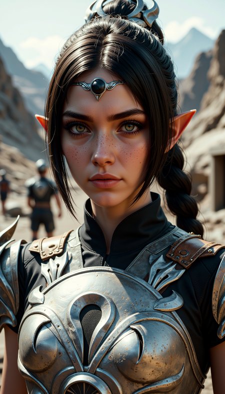 A female character rendered in a Spooky art style. A medium shot view of this highly detailed young woman with fantasy aesthetic. Meticulous attention to textures and lighting. subject has fair, smooth complexion hint freckles, pointy ears, large, expressive gold eyes. Her medium brown hair styled high ponytail thick braid, adorned silver crown-like headpiece that features intricate, ornate designs. crown focal point, adding regal otherworldly touch her appearance.
The woman is doing a Soccer activity in a earthquake zone location.
She wears dark, high-necked garment metallic, shoulder armor slightly worn, weathered look, suggesting character history adventure or battle. intricately sharp, angular edges rivets, giving it rugged yet elegant appearance. enhancing three-dimensional effect. blend realism, capturing both delicate beauty warrior spirit subject.