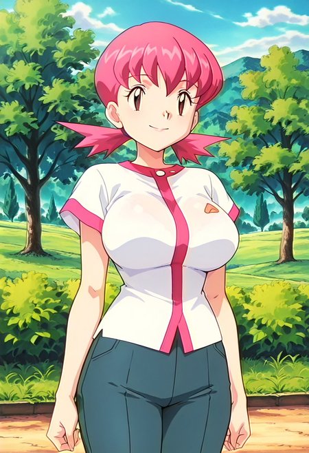 Best quality,masterpiece,soft light,official art,masterpiece,high quality,highres,absurdres,best quality,epic scene,natural textures,easynegative,huge_breasts, mature body, Erotic_style,anime_coloring,
cowboy shot, outdoors, 1girl,solo,smile,
Whitney,pink hair,low twintails,brown eyes,large breasts,shirt,pants,