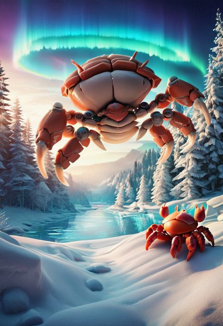 score_9, score_8_up, score_7_up, source_photo real, rating_safe, (Mechanical Crab:1.4), from below, Aurora, Beautiful Lake, sunlight, Aurora, masterpiece, best quality, Photo Realistic, ultra-high res, 4k, insanely detailed, sfw, fr0stwrld, snow, ice