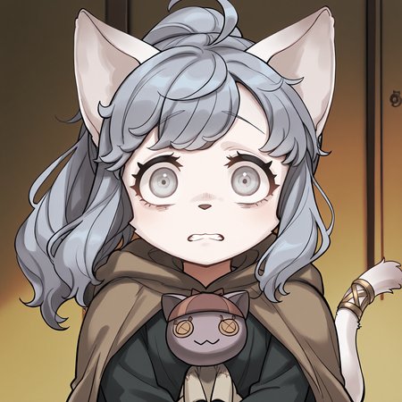 BREAK, <lora:Sheena_Falafel:1>, Sheena Falafel, Fuga: Melodies of Steel, kemono, furry female, young female, 1girl, cat girl, white fur, grey eyes, pastel blue hair, long hair, ahoge, bangs, sidelocks, animal ears, cat ears, animal nose, pink nose, cat tail, tail ornament, braided anklet, Fuga 2 appearance, ponytail
BREAK, Fuga 1 Outfit, black dress, brown cloak,
BREAK, Bleuette, Bleuette doll, character doll, stuffed cat,
BREAK, solo, face focus, close-up, scared, wide eyes, looking at viewer